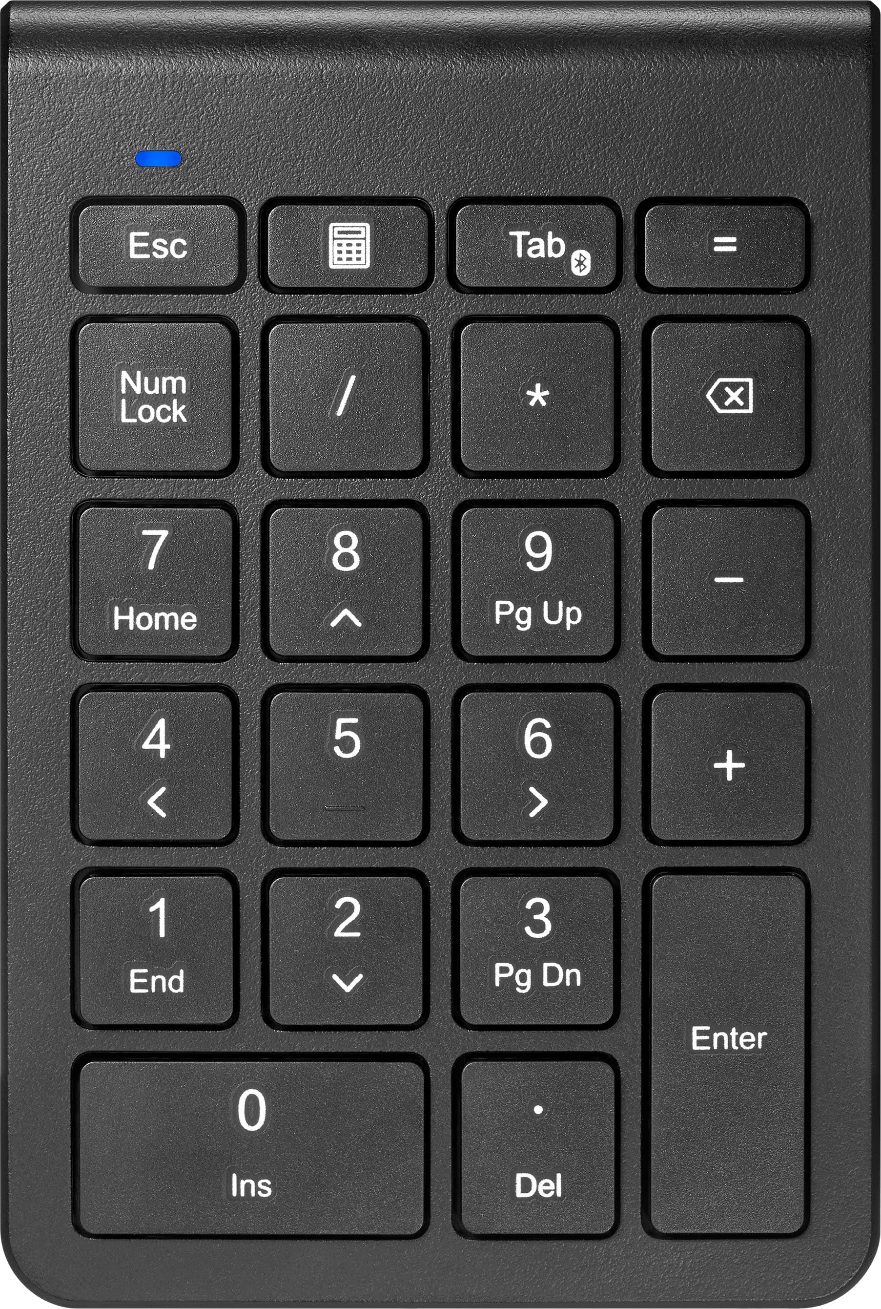 Insignia Bluetooth number keypad on a desk with a laptop