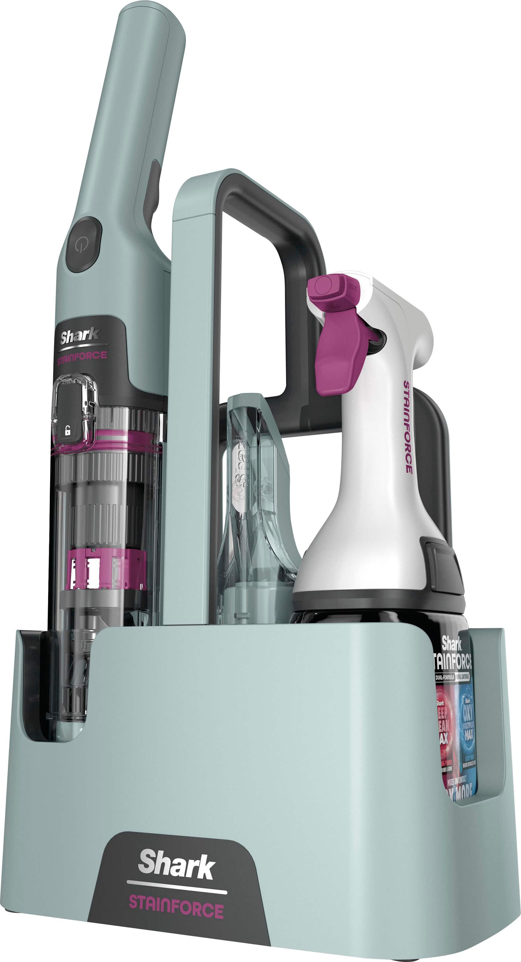 Shark StainForce cordless spot cleaner being used on a car interior stain