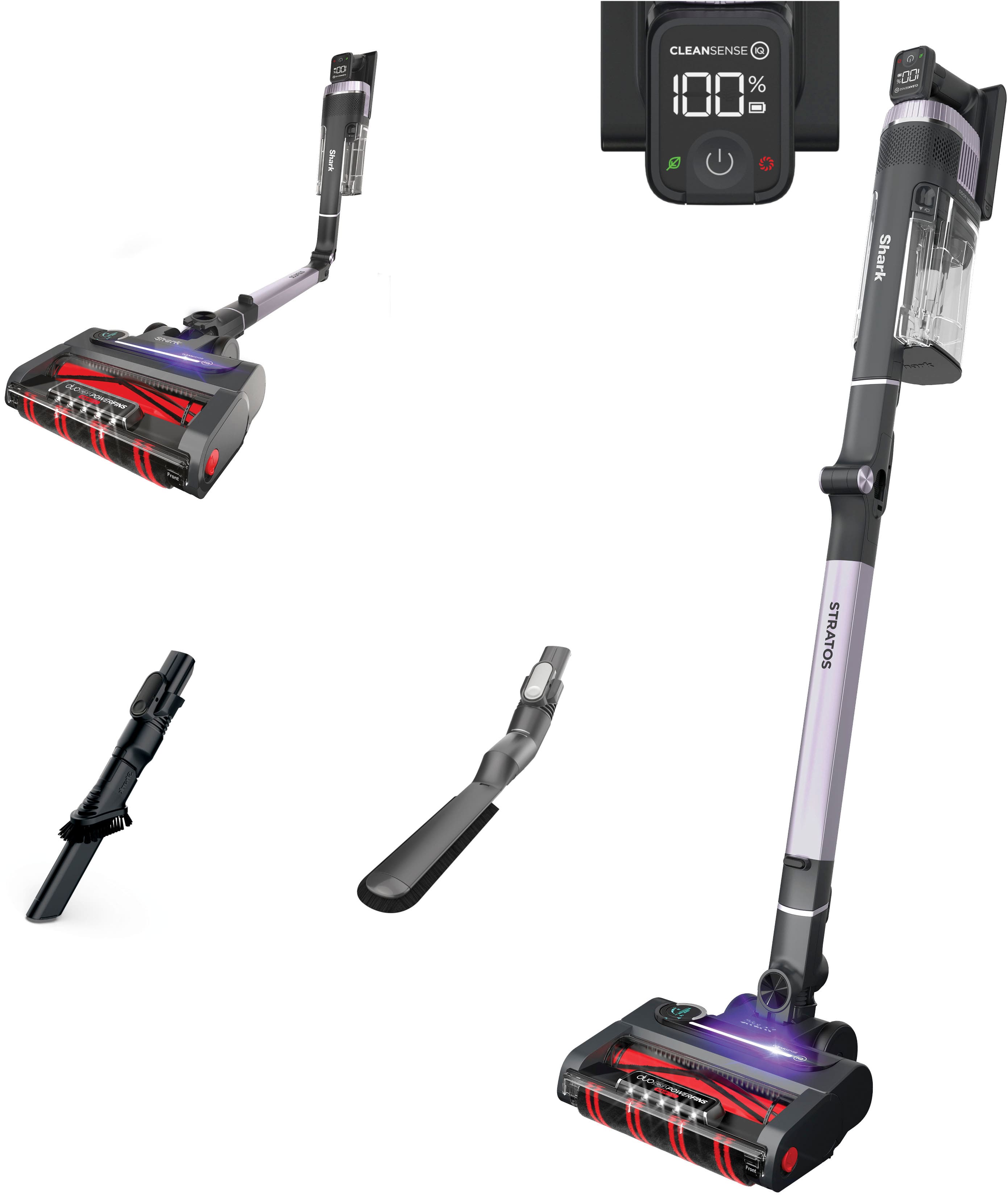 Shark Stratos cordless vacuum being used under a low‑profile sofa in a living room