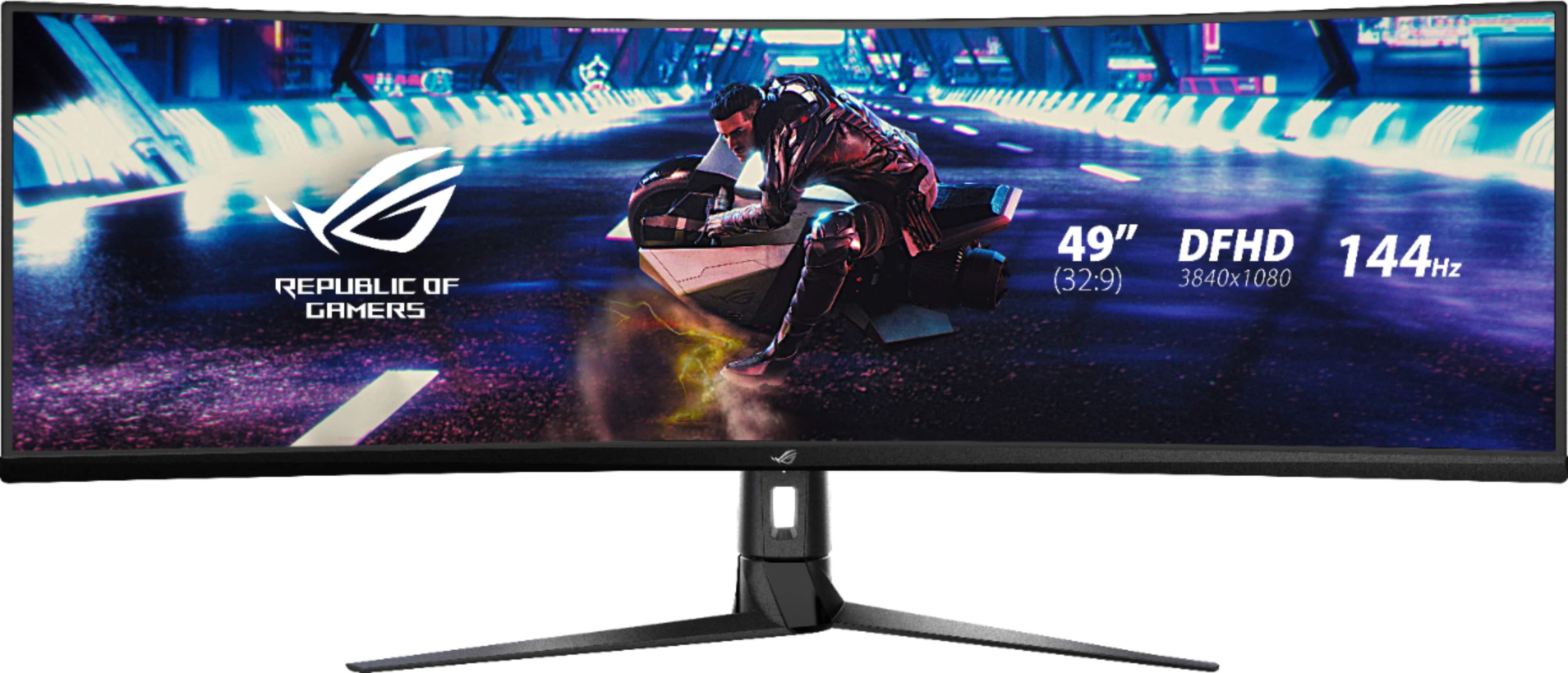 ASUS 49-inch curved gaming monitor displaying a vibrant game scene