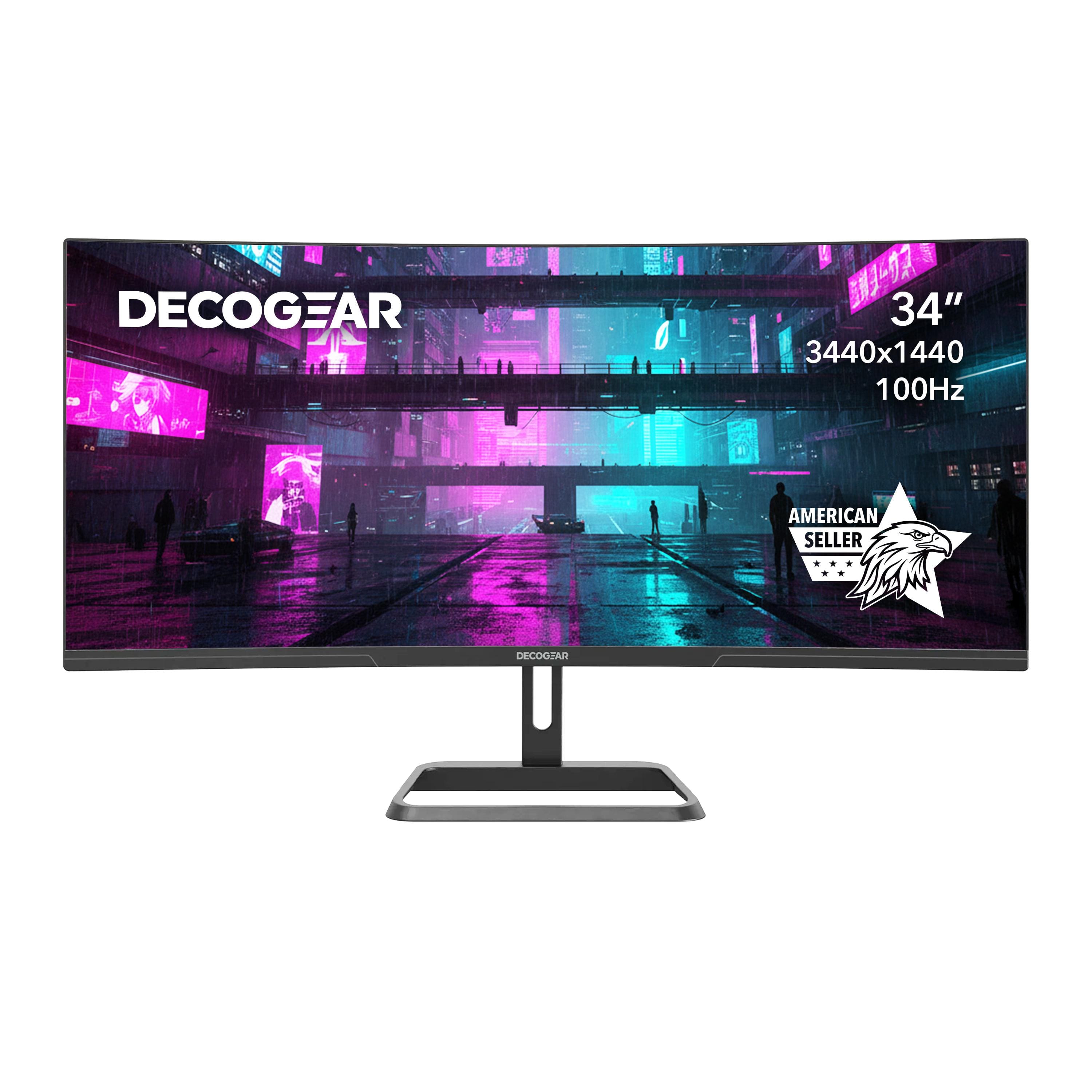 Deco Gear 34-inch curved monitor displaying a multimedia workspace