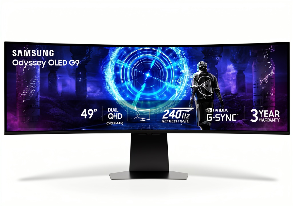 Samsung 49 Odyssey OLED G9 Curved Gaming Monitor displaying a vibrant game scene