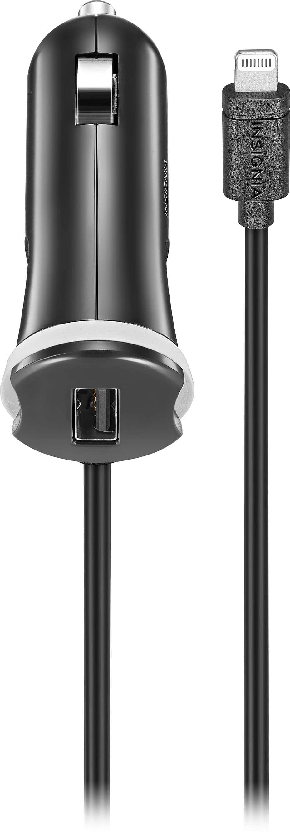 Insignia 25W Lightning Car Charger plugged into a vehicle lighter socket