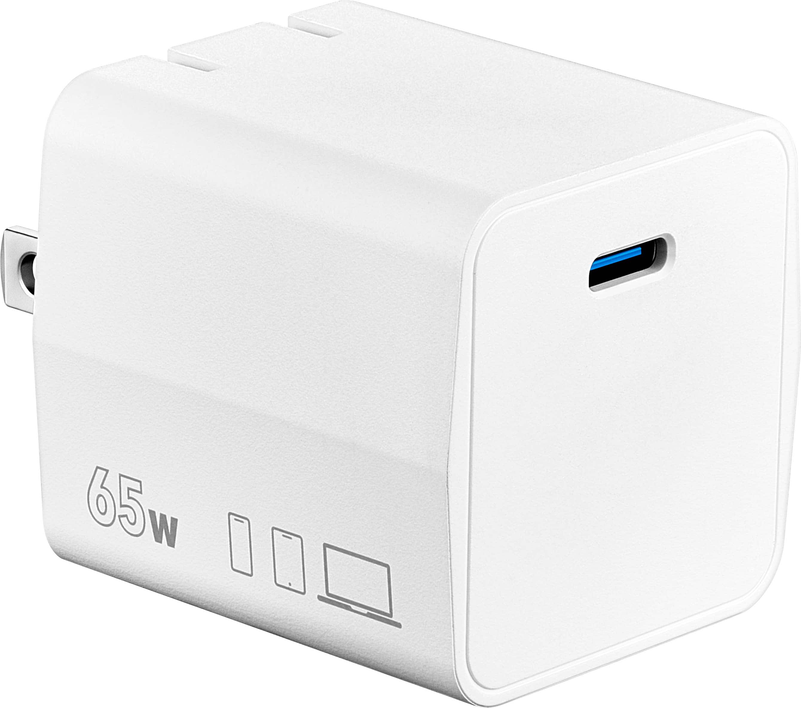 Insignia 65W USB-C Wall Charger with foldable plug shown next to a MacBook