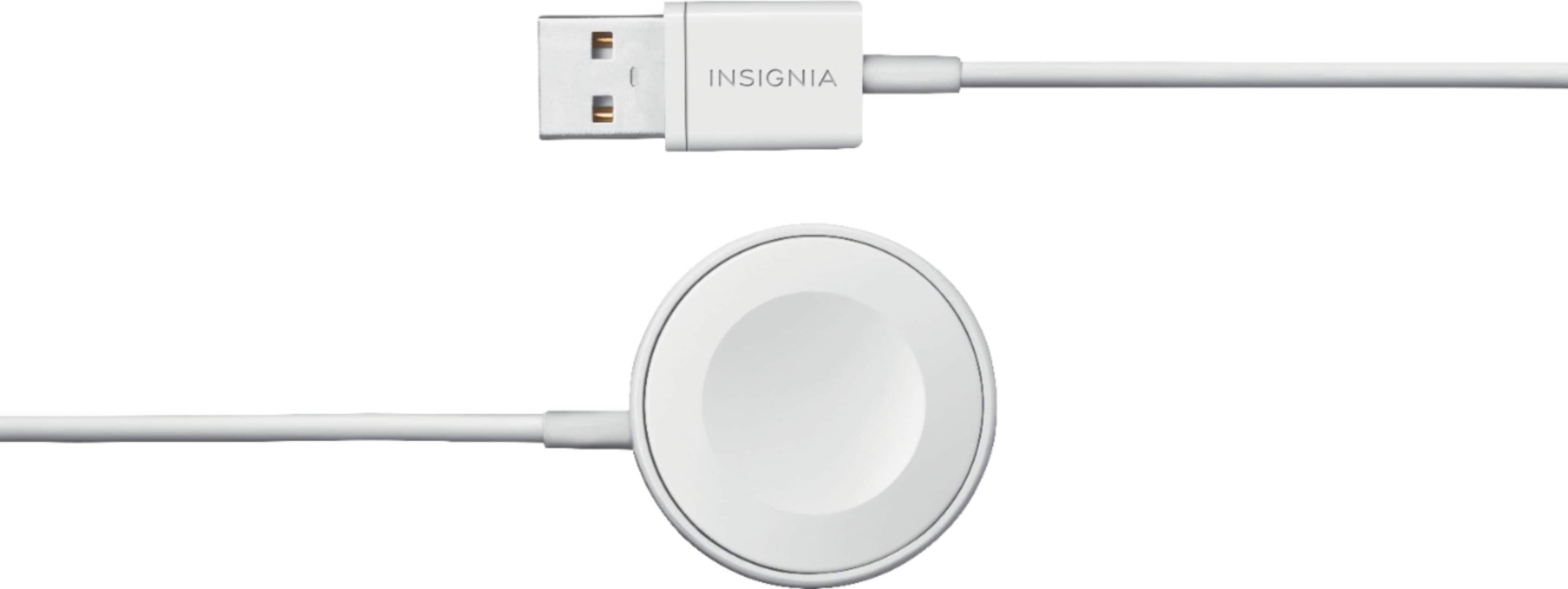 Insignia magnetic charging cable connected to an Apple Watch on a nightstand