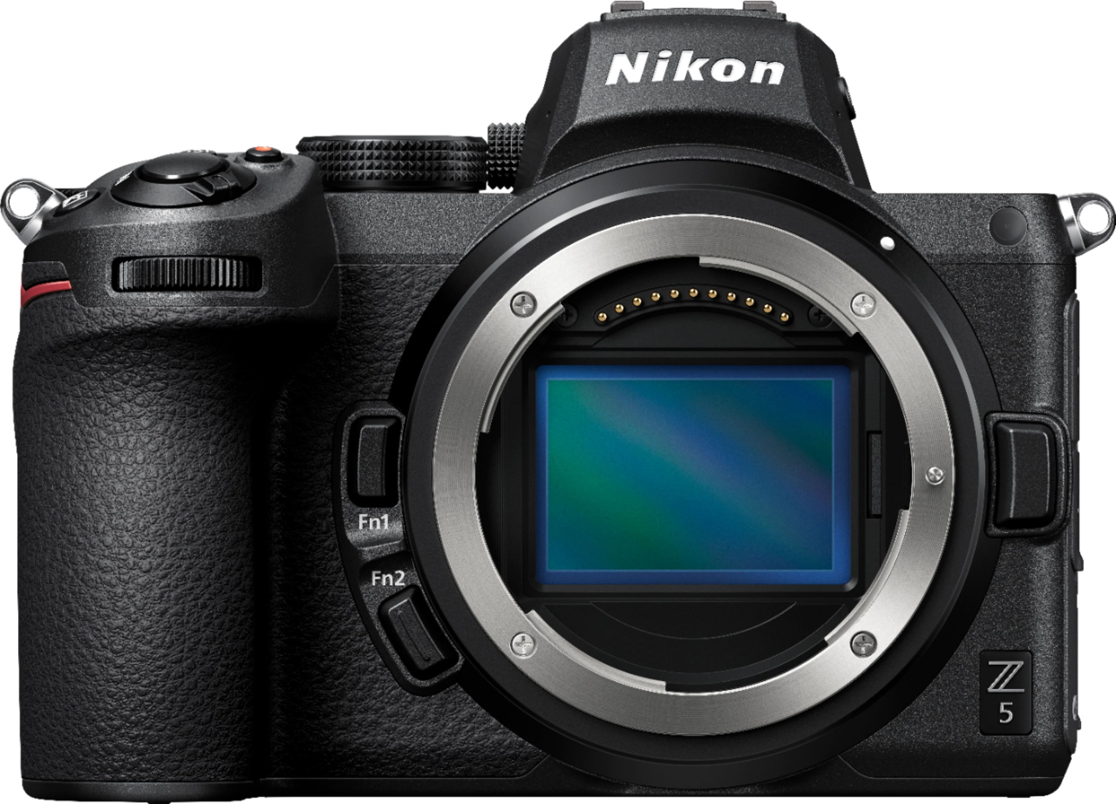 Nikon Z 5 mirrorless camera displayed on a table with lens attached