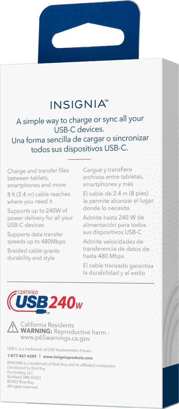 Insignia USB-C Cable 8ft Braided 240W Power Delivery-5