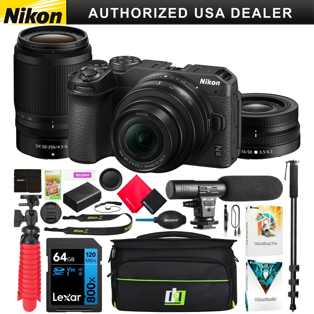 Nikon Z 30 Mirrorless Camera with both kit lenses displayed on a photography workstation